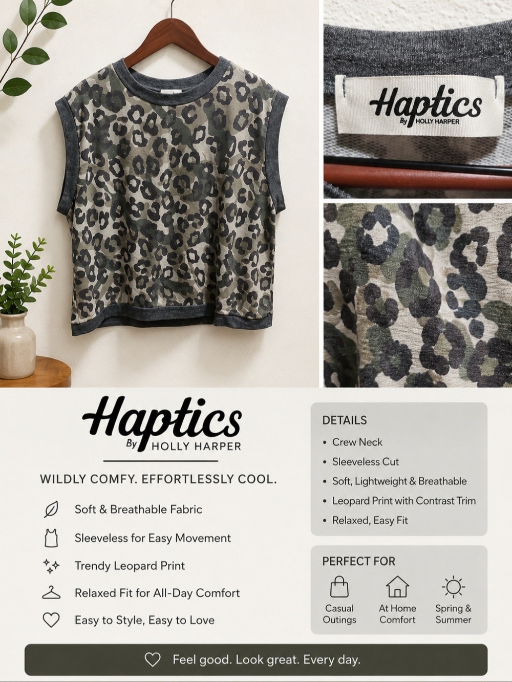 Haptics Girls' Olive Leopard Sleeveless Crew Neck Top